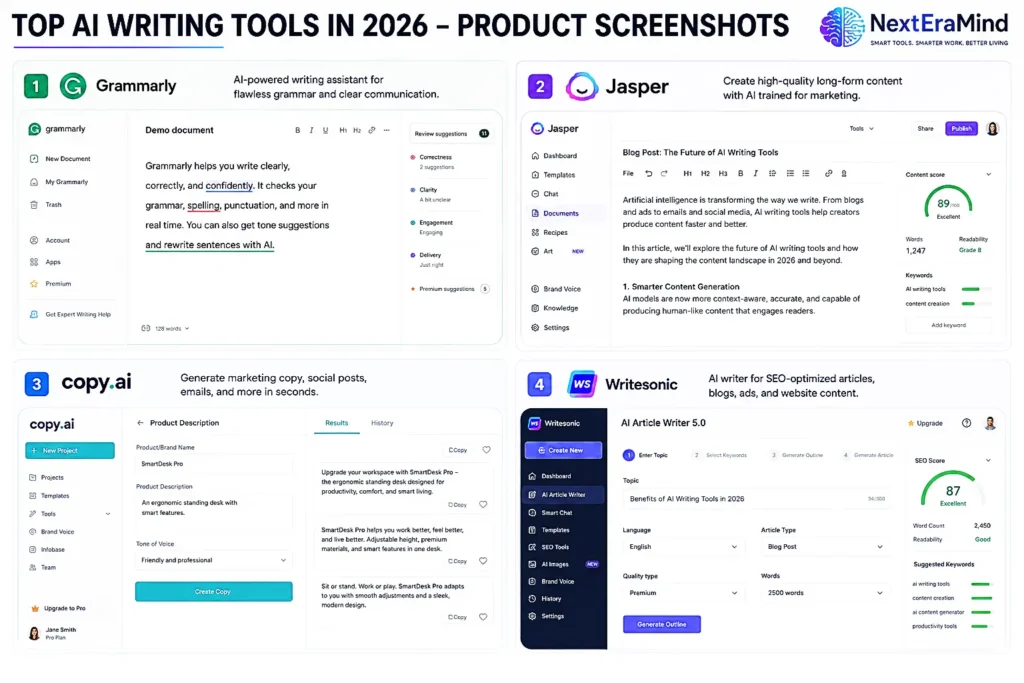 Product interfaces of Grammarly, Jasper, Copy.ai, and Writesonic.
