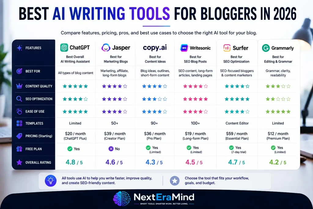 Comparison of the best AI writing tools for bloggers in 2026