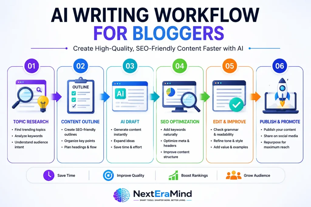 AI writing workflow showing how bloggers research, write, optimize, and publish content
