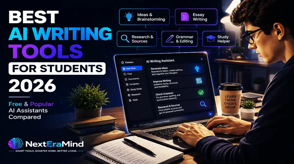 Alt Text: Best AI writing tools for students in 2026 displayed on a laptop for academic writing and studying