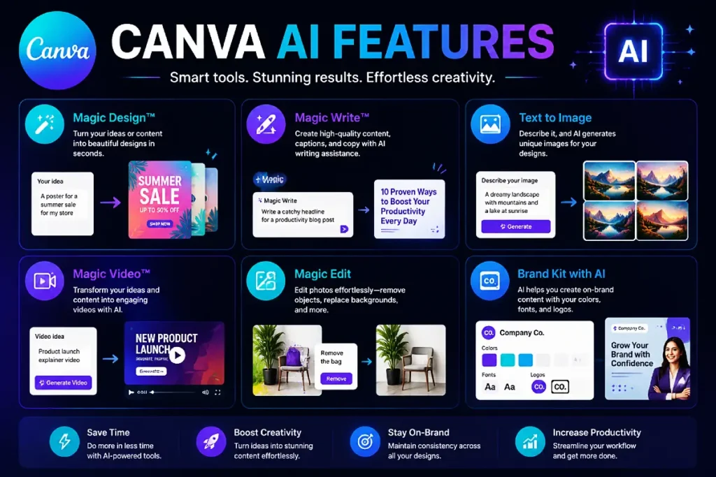 Canva AI features including Magic Design, Magic Write, Text to Image, and AI design tools
