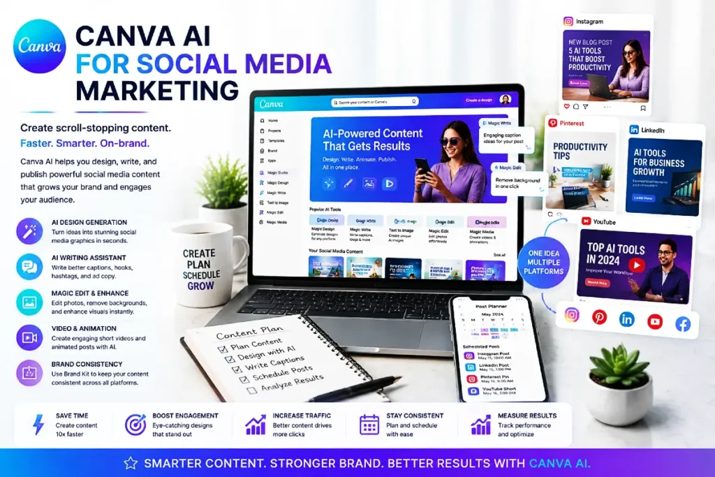 Canva AI tools for social media marketing creating posts, videos, and branded content
