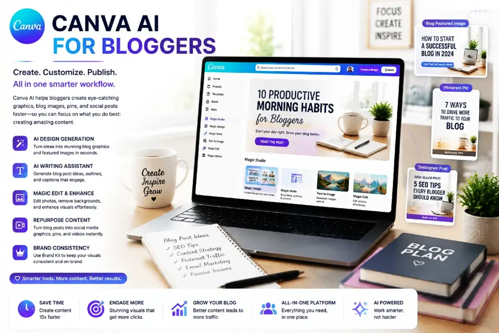 Canva AI tools for bloggers creating blog graphics, Pinterest pins, and social media content