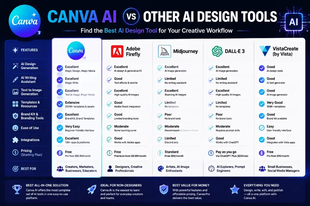 Canva AI compared with other AI design tools for content creation and graphic design