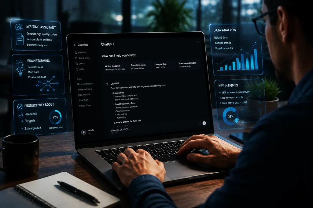 ChatGPT AI assistant helping users with writing research and productivity tasks