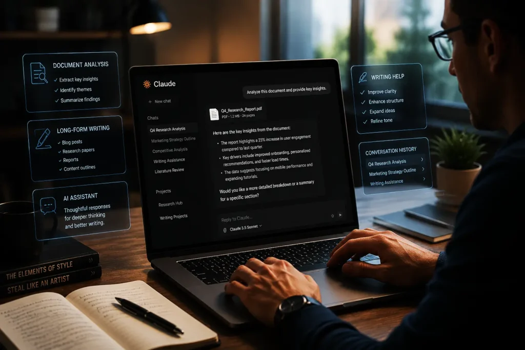 Claude AI assistant helping users analyze documents and create long-form content