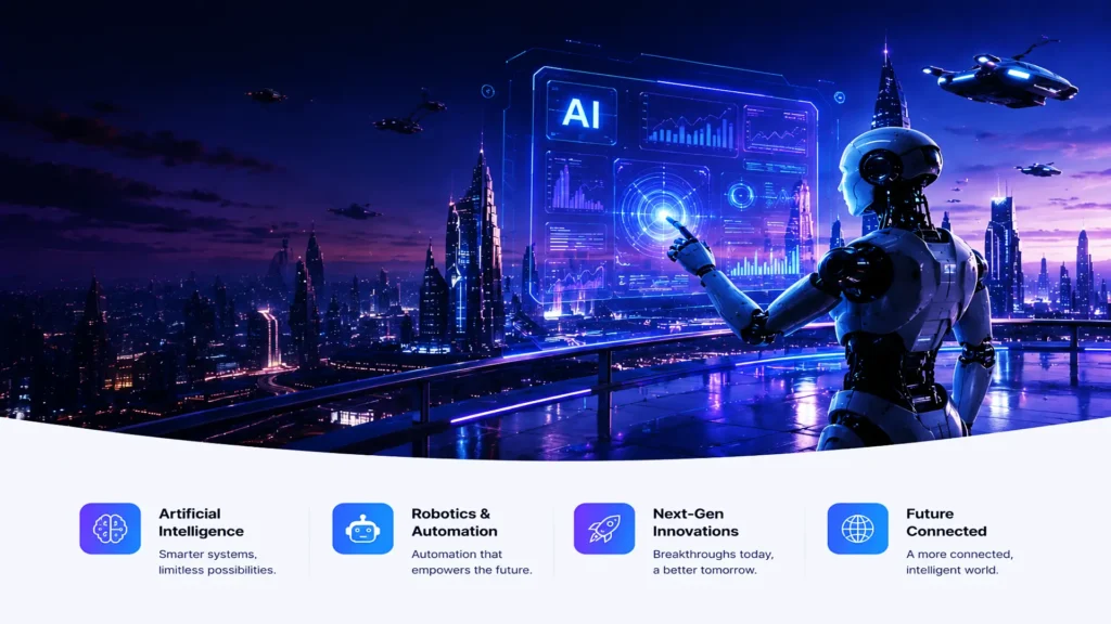 Futuristic cityscape with AI robot and holographic technology interface representing future technology innovations