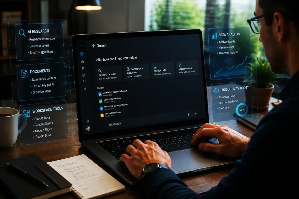 Google Gemini AI assistant helping users with research and productivity tasks