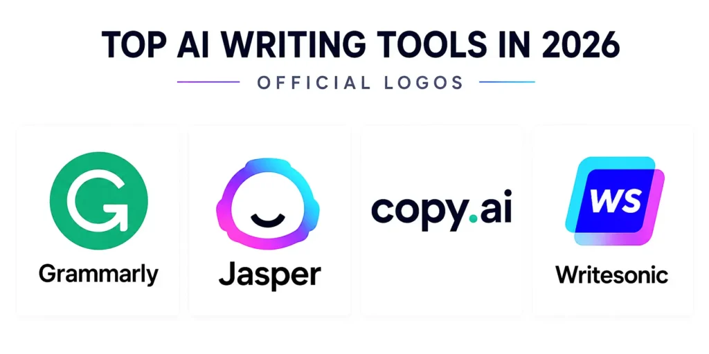 Official logos of Grammarly, Jasper, Copy.ai, and Writesonic.