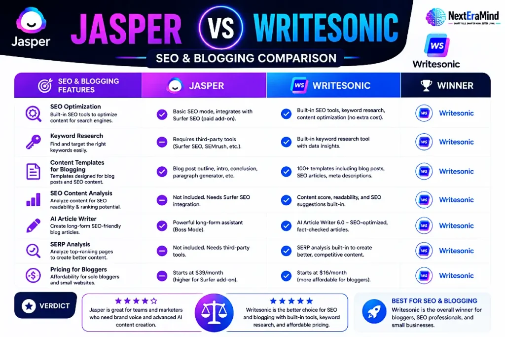 Jasper vs Writesonic comparison for SEO and blogging
