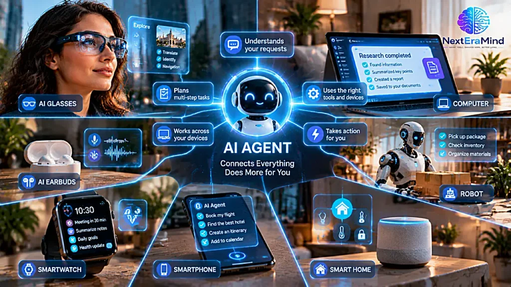 AI agent connecting digital devices and performing tasks through an intelligent assistant