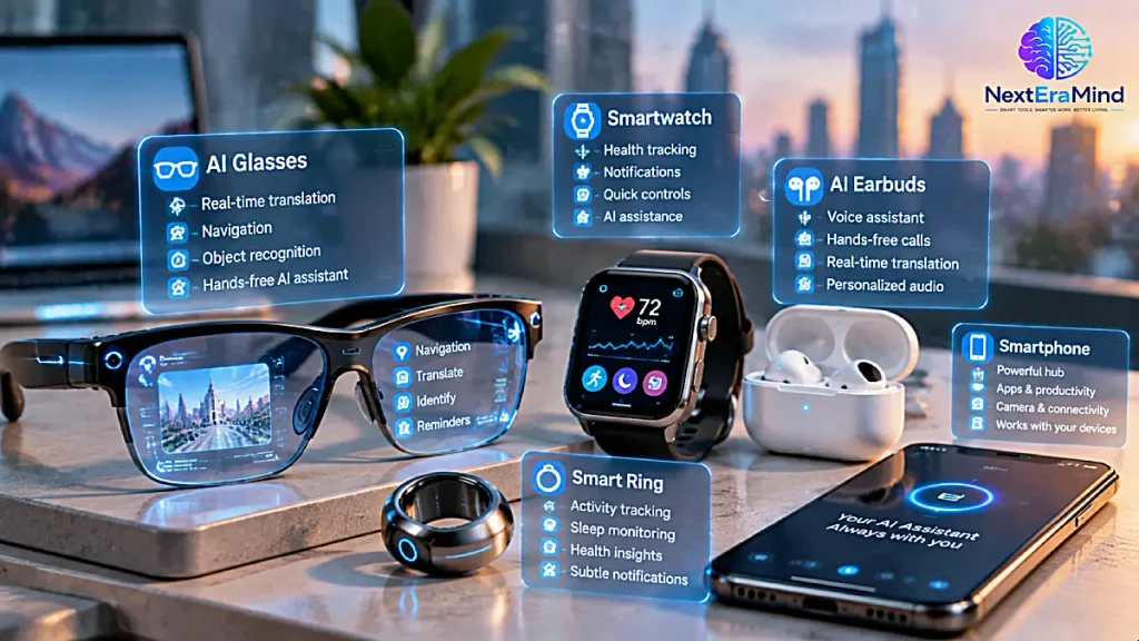 AI wearables including smart glasses, smartwatch and wireless earbuds