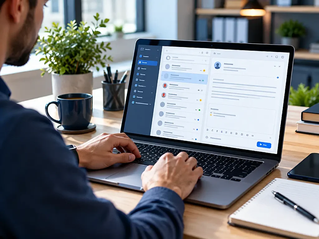 Professional managing emails and draft responses on a laptop in a modern home office.