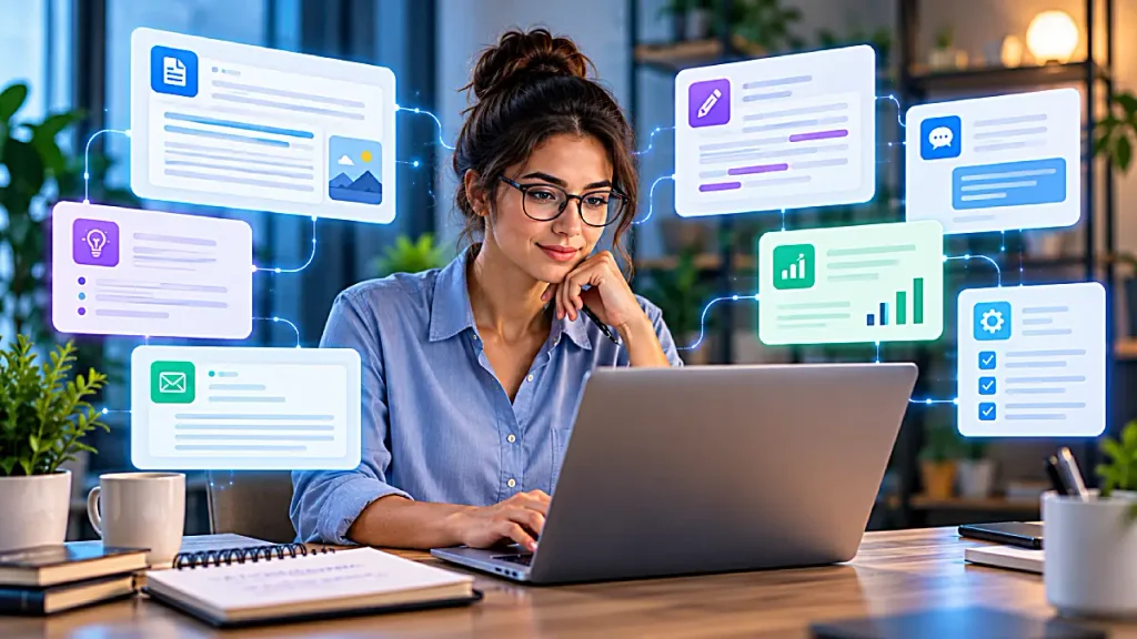 Small business owner comparing AI writing tools on a laptop.