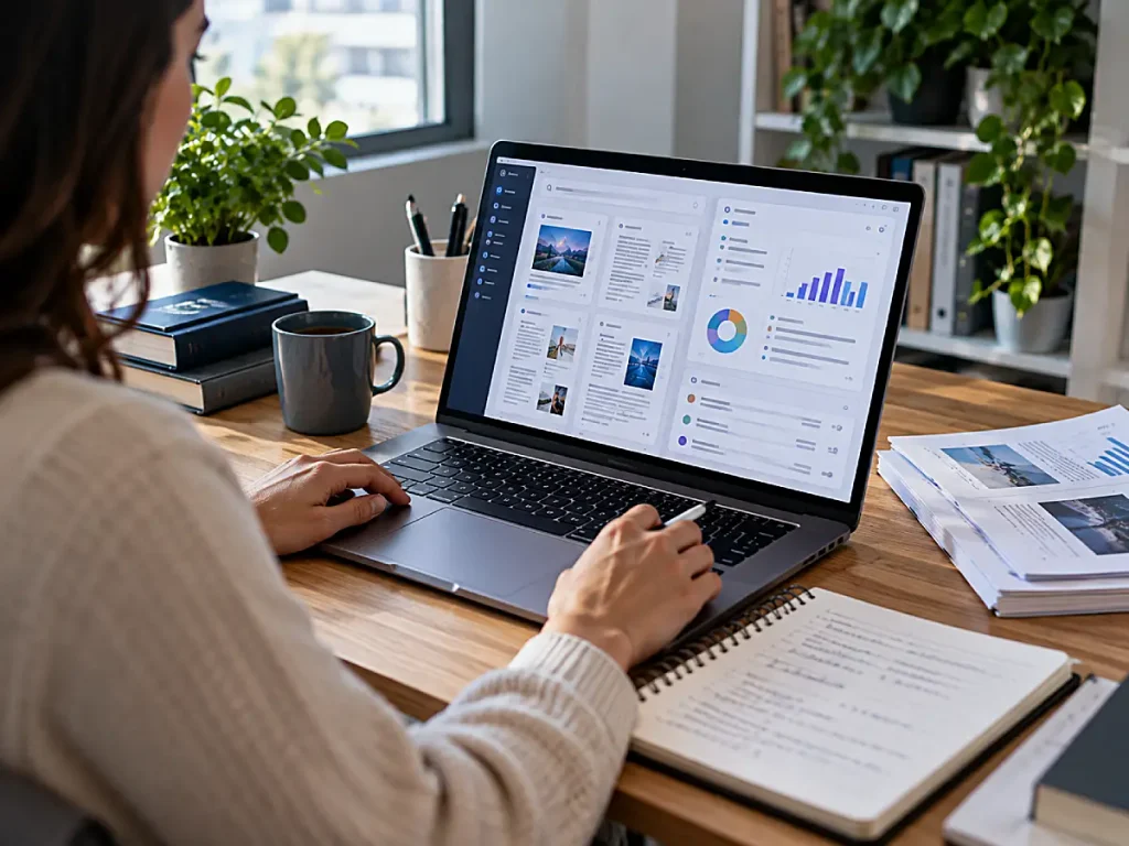 Professional reviewing research data, charts, and organized documents on a laptop at a desk.