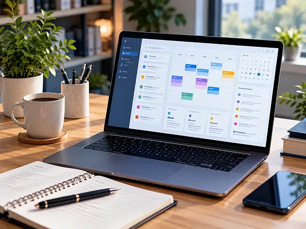 Laptop displaying a weekly calendar and organized task dashboard on a minimalist desk.