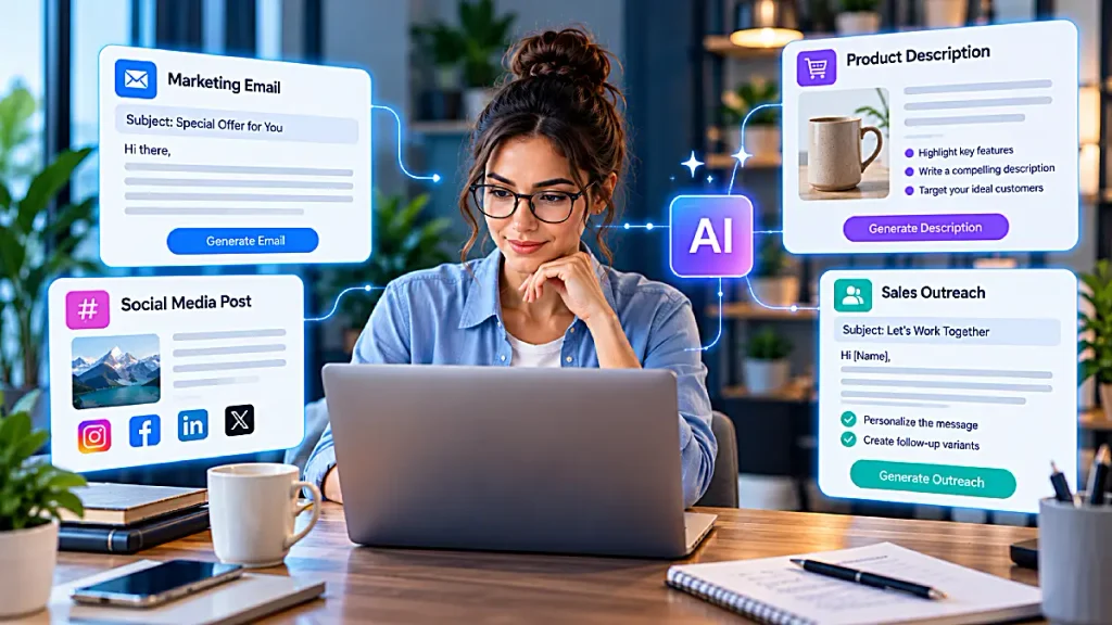 AI writing tools for creating marketing emails, social media posts, product descriptions, and sales outreach.