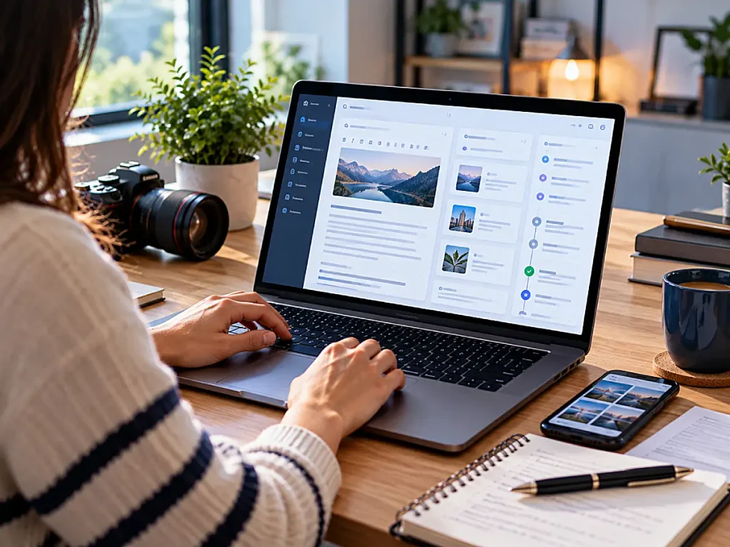 Technology blogger managing article drafts and publishing tasks on a laptop.