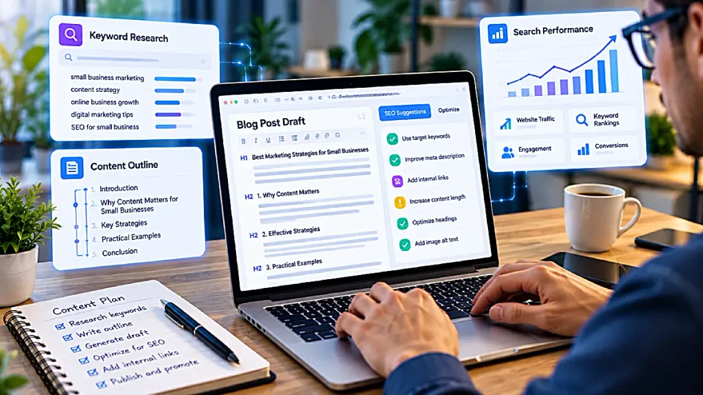 AI-assisted SEO content creation with keyword research, article outlines, and search performance analysis.