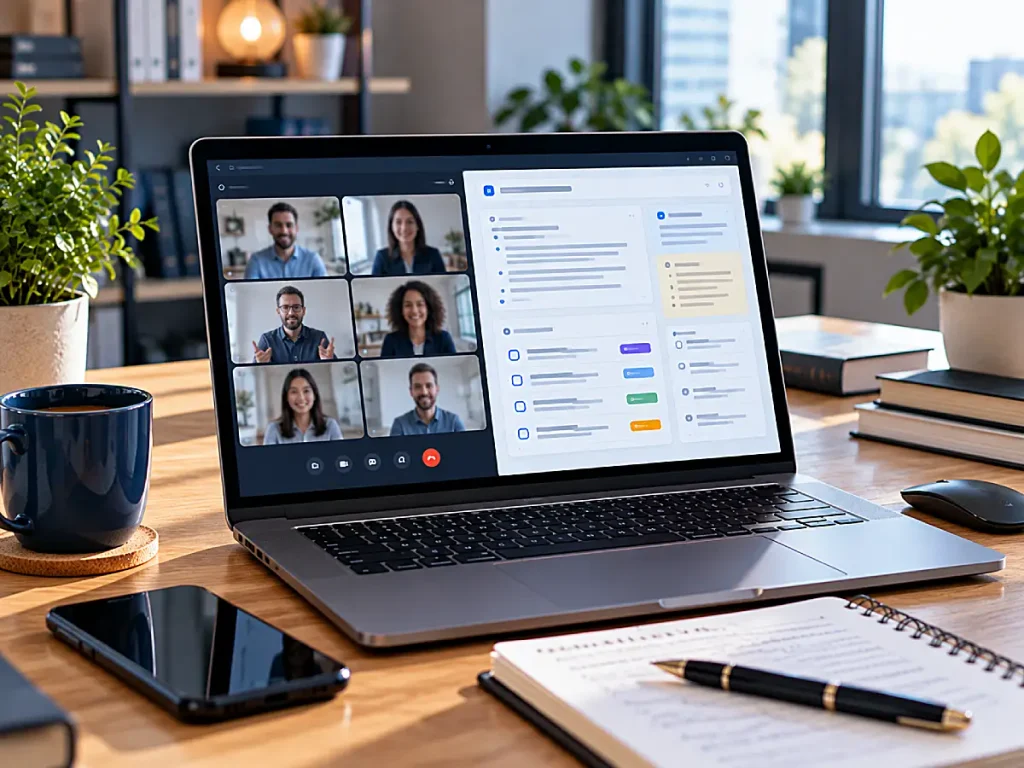 Laptop displaying a video meeting alongside organized meeting notes and action items.