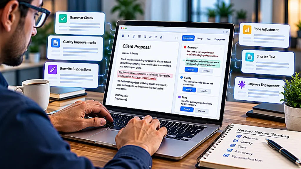 AI proofreading and editing tool suggesting improvements to grammar, clarity, and tone in a business proposal.