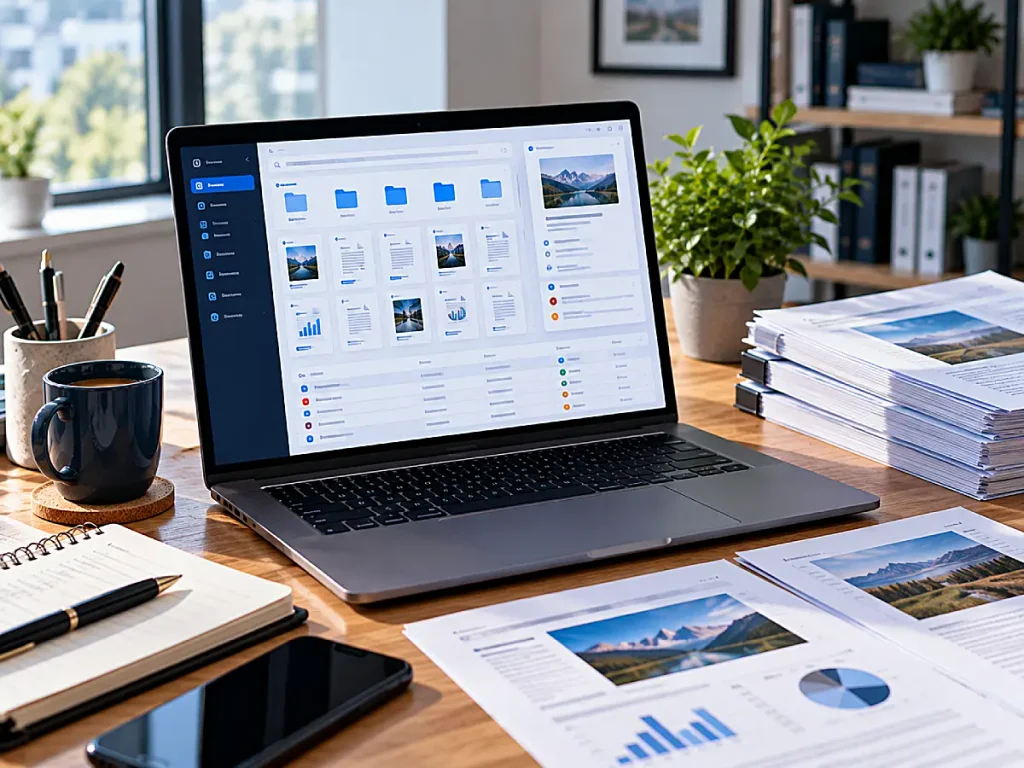 Laptop displaying an organized document management dashboard with folders, file previews, and data tables.