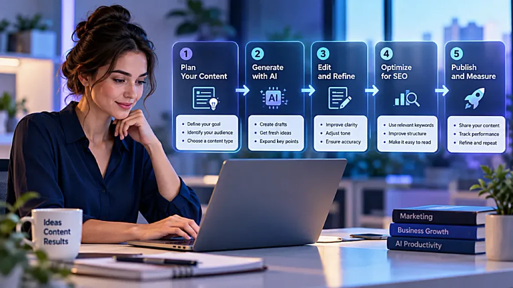 AI writing workflow for small businesses, from content planning to publishing and performance tracking.
