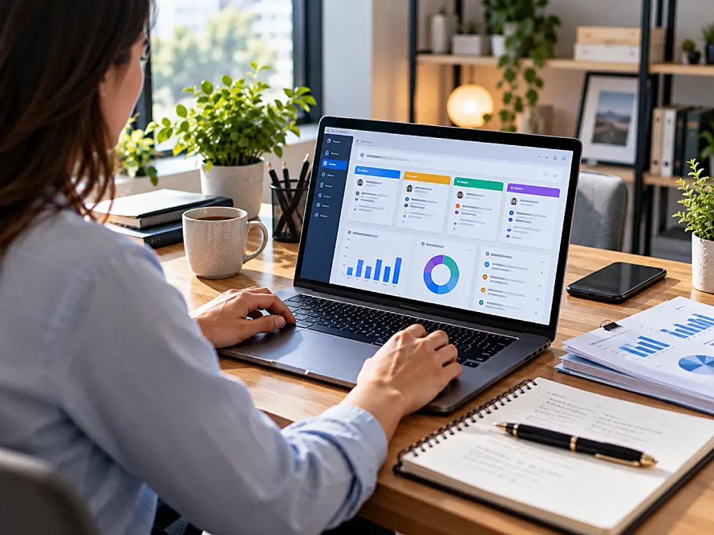 Small-business owner managing customer enquiries and business reports on a laptop.