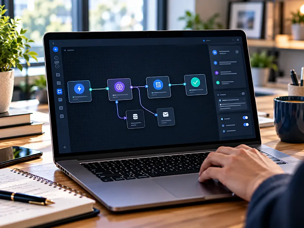 Laptop displaying a visual AI automation workflow with connected processing, review, and action nodes.