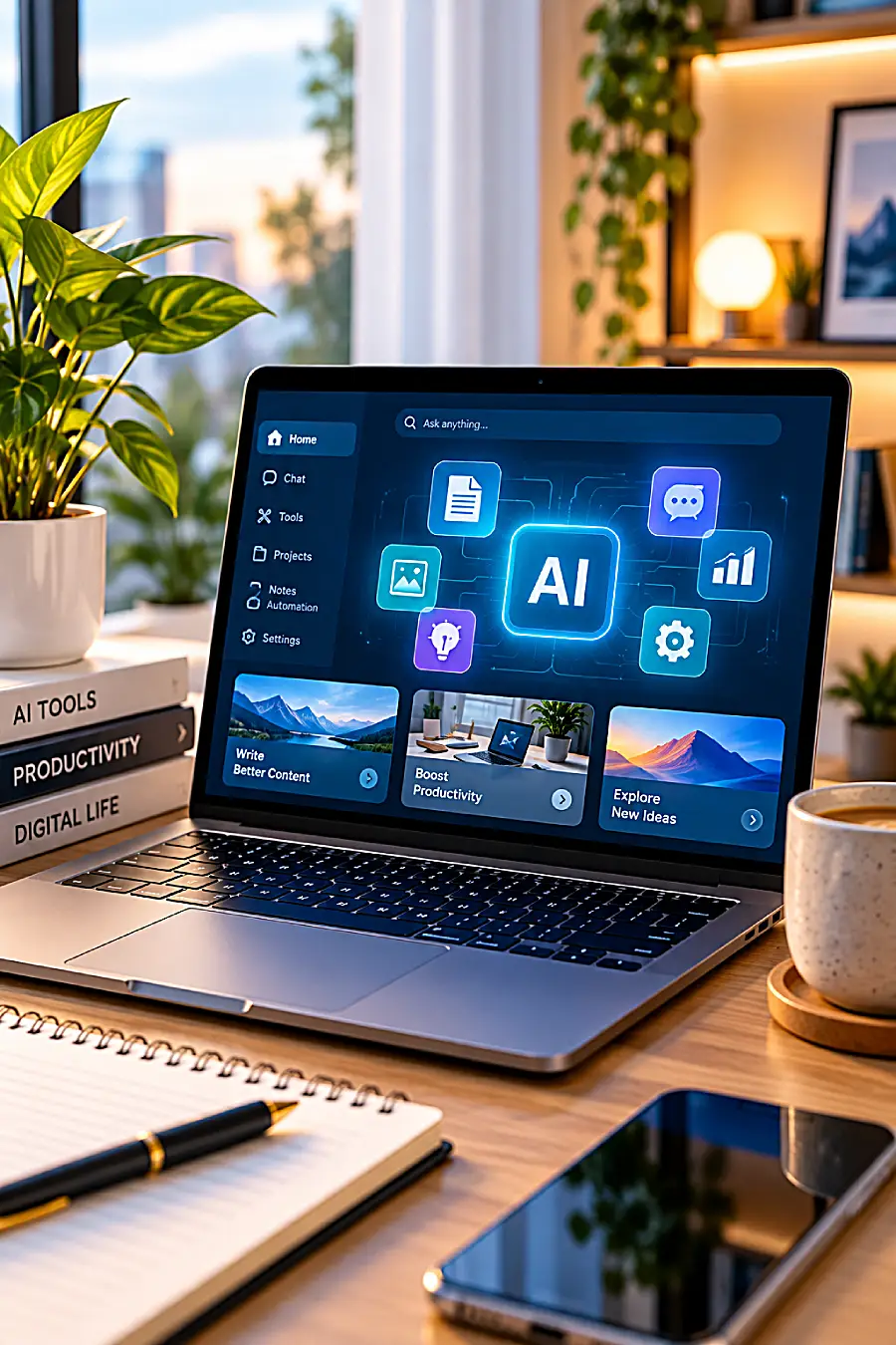 Modern laptop displaying an AI productivity dashboard on a desk with a notebook, smartphone, and plants