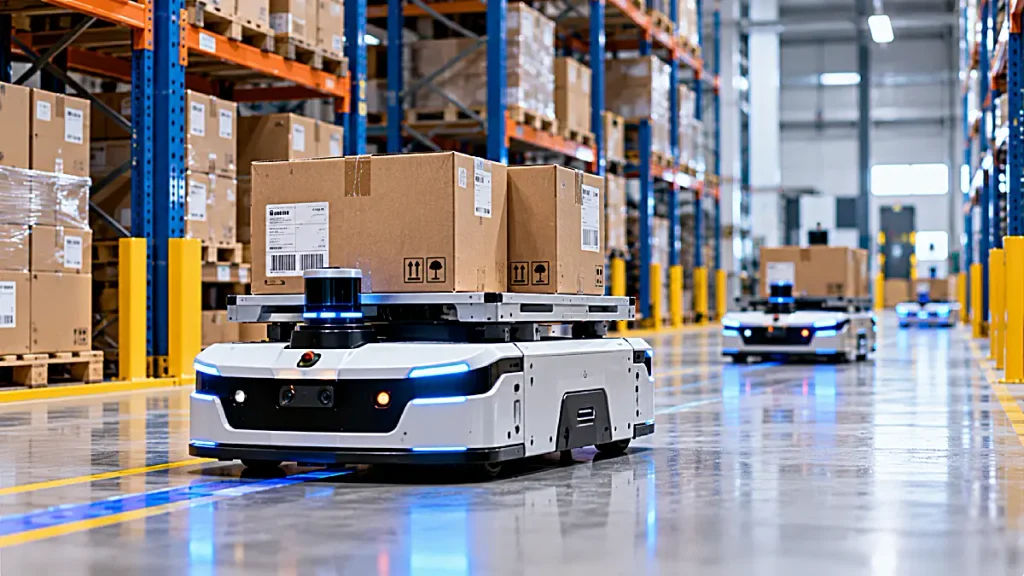 Autonomous mobile robot transporting packages through a warehouse.