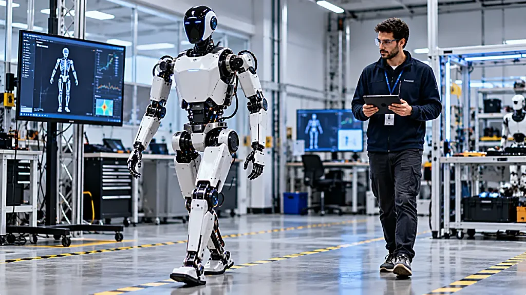 Humanoid robot being tested alongside a human technician in a robotics laboratory.