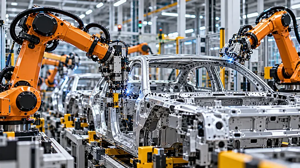 Industrial robots performing precision assembly tasks on a modern automotive production line.