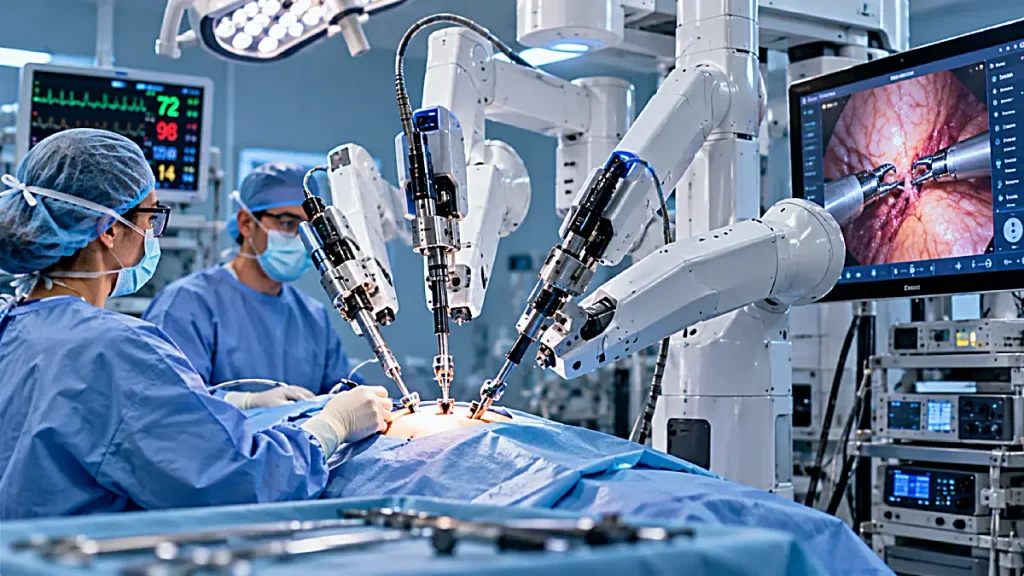 Robotic medical equipment used by trained healthcare professionals in a modern clinical environment.
