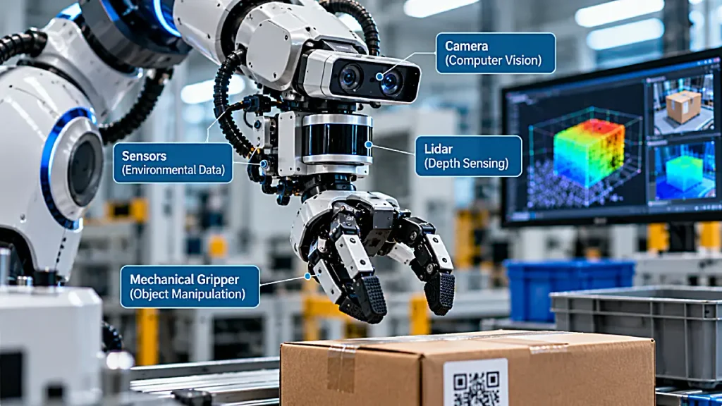Robotic vision sensors and mechanical gripper used to perceive and interact with the physical environment.