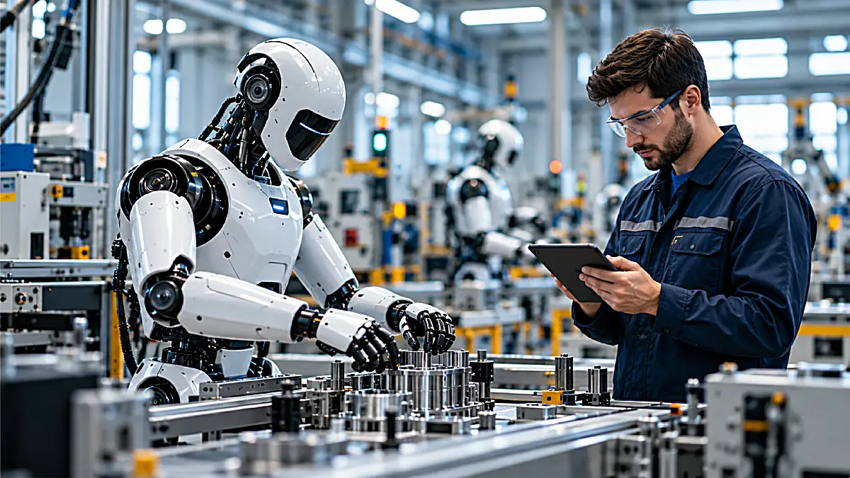 Physical AI robots working alongside an engineer in a modern factory.